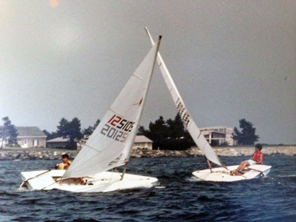Two Laser dinghy racers in 1986